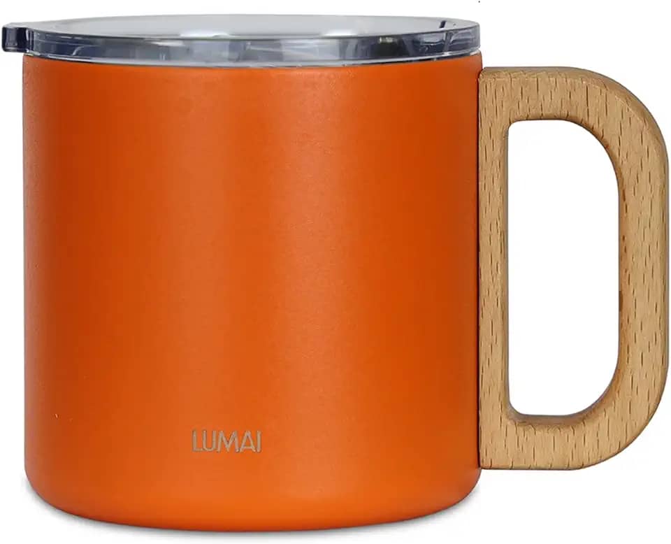 LUMAI Caneca Térmica Vietnã 350ml Aço Inoxidável, Parede Dupla Isolada a Vácuo, Mantém Bebidas Quentes ou Frias por Horas, Tampa Vedada Antivazamento, Alça de Madeira – Laranja