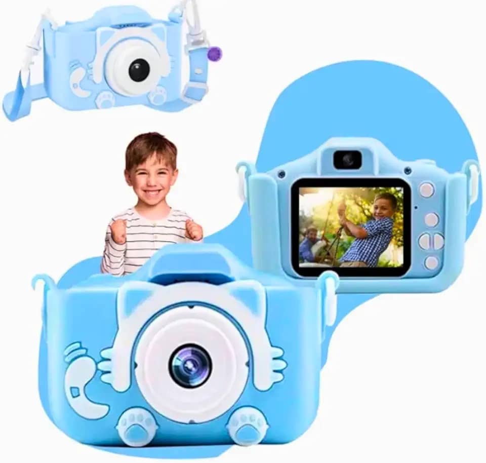 Câmera Infantil HD para Meninos e Meninas – Fotos e Vídeos, Tela LCD 2', Jogos, Filtros e Bateria Recarregável - Azul