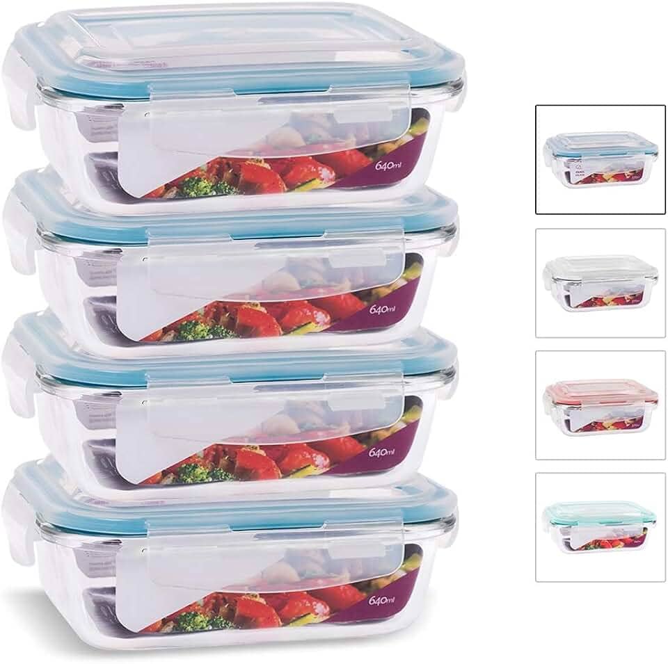 House Organizer Conjunto 4 Potes de Vidro Retangular com Tampa Hermética 640ml Cor:Azul