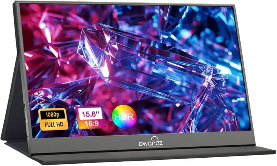 Bwanaz Monitor portátil de 15,6 polegadas FHD 1080P, tela USB-C HDMI IPS com capa inteligente/suporte, alto-falante, Plug & Play, monitor externo ultrafino para PC, Mac, telefone, Xbox, PS5
