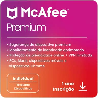 McAfee+ Premium Plano Individual | Dispositivos ilimitados | Software de segurança que inclui Antivírus, VPN segura, monitoramento de identidade, redes sociais, gerenciador de senhas | Cartão-chave