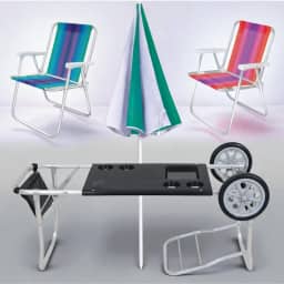 Kit 2 Cadeiras de Praia Alta De Aluminio + Carrinho De Praia com Avanço Dobravel Leve + Guarda Sol Articulado - Conjunto Completo Para Lazer E Diversão Em seu Passeio