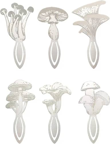 Pacote com 6 marcadores de livro de metal de cogumelo, marcadores de página de livro, presente para amantes de cogumelos, escritores, mães, professores, agradecimento, presentes de volta às aulas