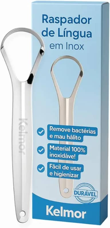 KELMOR Raspador De Língua Inox Cirúrgico Limpador Bucal Profissional Escova de Língua em Aço Inoxidável Higiene Oral Combate Mau Hálito Fácil Uso e Limpeza Durável e Anatômico