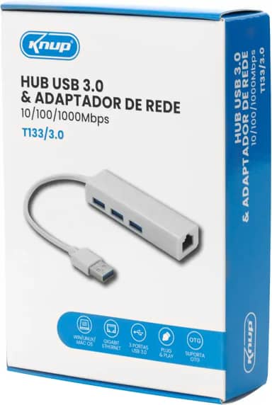 Hub USB A com 3 Portas e Adaptador de Rede Gigabit Knup, T133/3.0, 10/100 Mbps, Branco