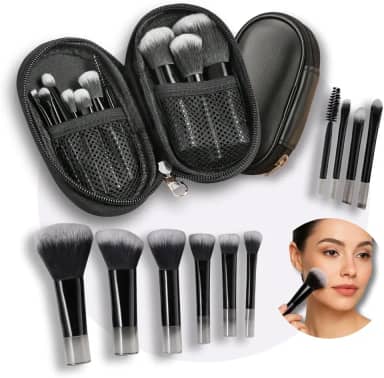 Kit 10 Mini Pincéis de Maquiagem com Estojo Cerdas Sintéticas Macias, Portátil e Completo para Base, Pó, Blush, Corretivo e Sombras – Para Viagem Travel Size Ideal para Presente, Uso Diário e Adolescentes (Preto)