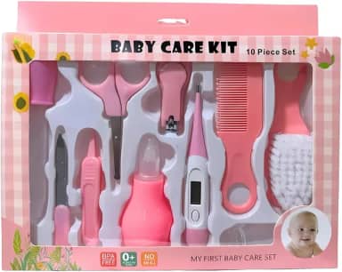 Kit Higiene Bebê Menina Cuidados Essenciais Rosa 10 Peças Lixa de Unha Cortador de Unha Escova de Cabelo Pente Termômetro Dedeira para Escovar Dente Conta-Gotas Sugador Nasal Pinça e Tesoura