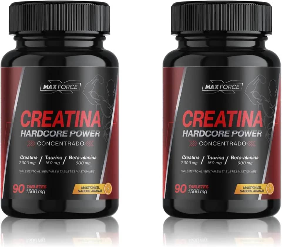 Kit 2x Creatina Monohidratada Hardcore Power Concentrado 2000mg Creatine 2g + Taurina e Beta Alanina 90 Tabletes Mastigáveis Sabor Laranja - Max Force