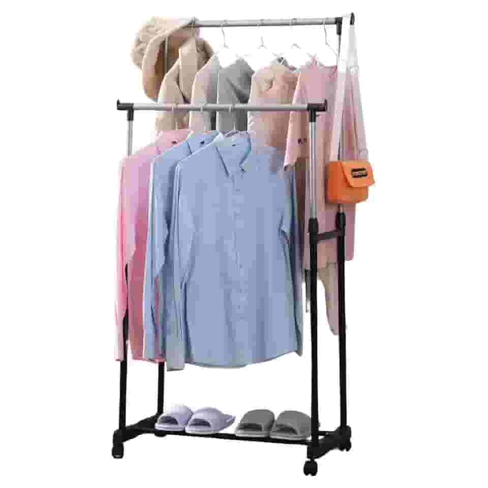 Cabideiro De Roupas Arara Organizador Duplo Móvel Regulável com Roda Sapateira