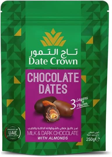 Tâmaras sem Caroços Cobertas com Chocolate ao Leite & Meio Amargo Recheadas com Amêndoas - Date Crown Importadas dos Emirados Árabes Unidos - Doce ideal para presentear