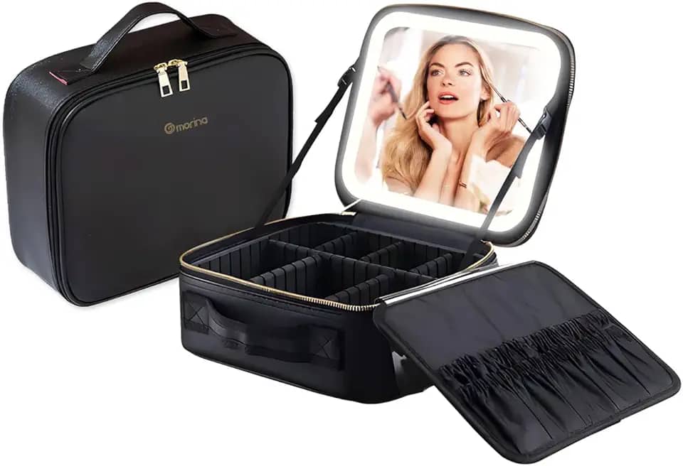 Morina Bolsa de Maquiagem com Espelho e luz LED de 3 cores, Organizador de Maquillaje, Dimmable Contínuo, Carregamento USB (Preto)