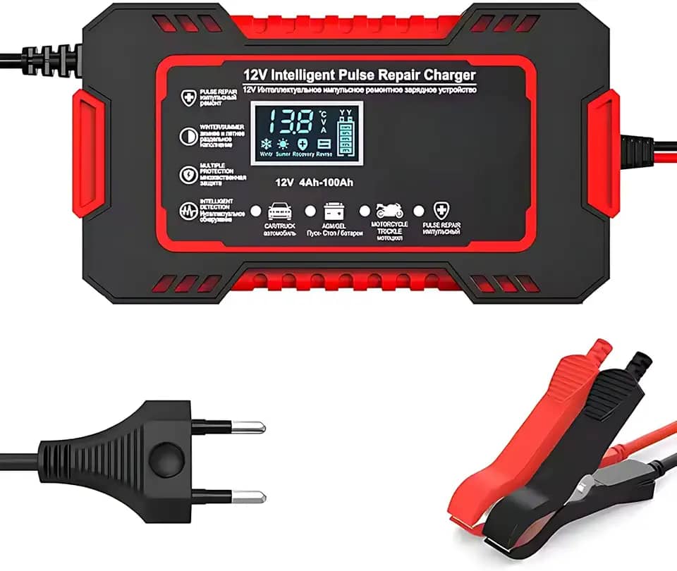 Carregador Inteligente de Bateria 12V Automotivo com Display Digital, Função Reparadora, Proteção de Segurança e Compatível com Carros e Motos - Pratiarejo®