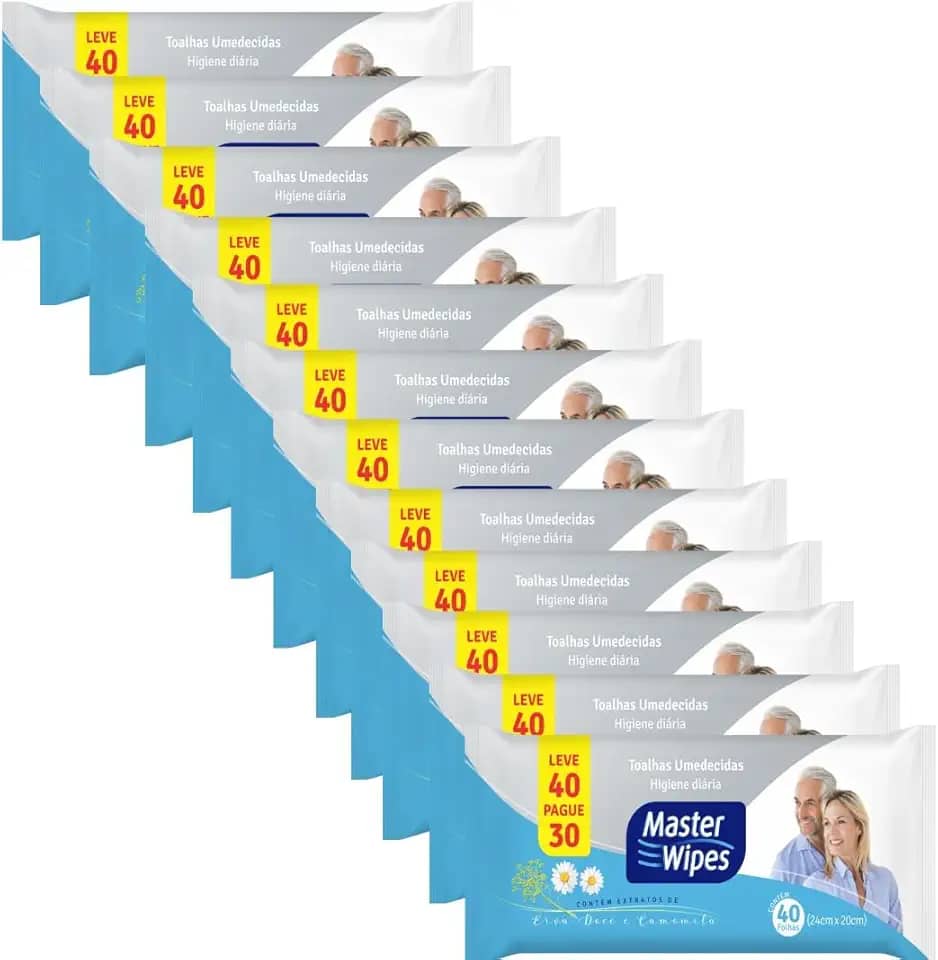 KIT TOALHA UMEDECIDA MASTER WIPES ADULTO HIGIENE DIÁRIA LEVE 480 PAGUE 360 UN