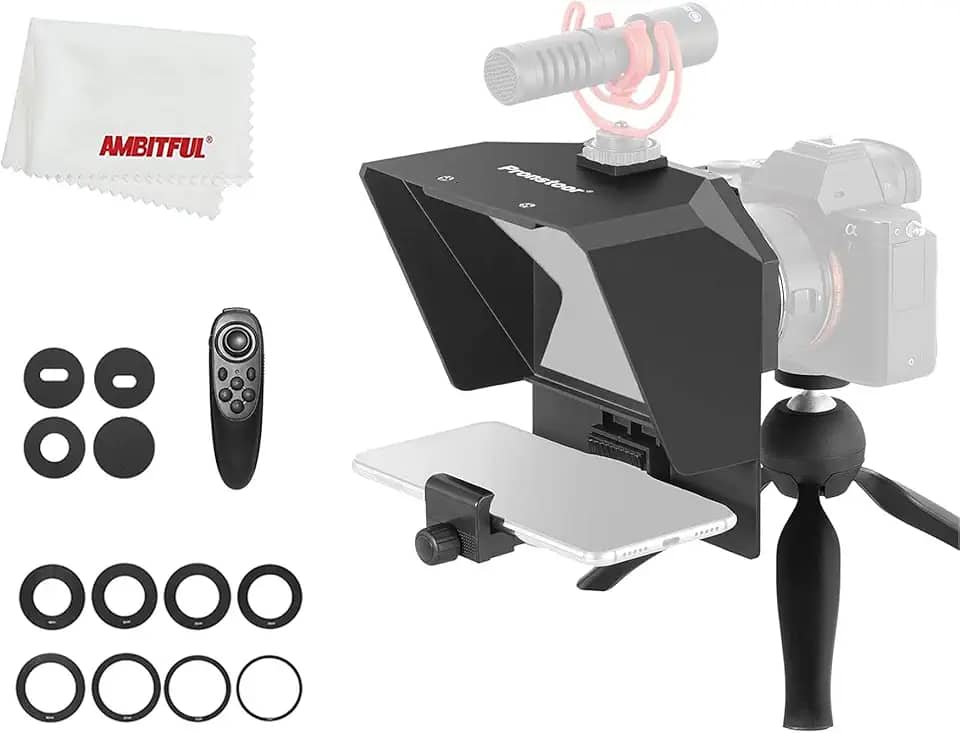 PRONSTOOR Kit de teleprompter portátil para celular e teleprompter de vídeo com controle remoto para gravação de telefone e DSLR (mini teleprompter + mini tripé)