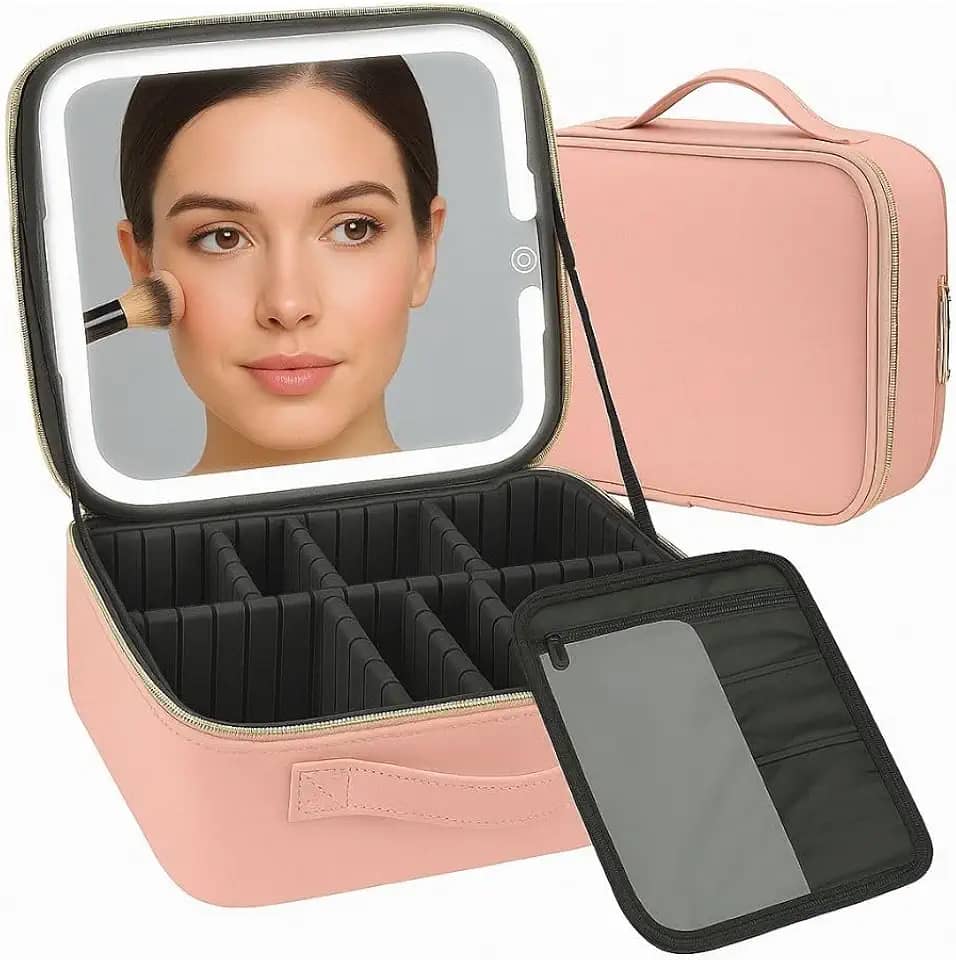 Bolsa de Couro Premium para Maquiagem Profissional com Espelho de Luz LED Recarregável – Maleta Organizadora Makeup Case Portátil com Luz Branca, Neutra e Quente, Estojo de Cosméticos. (Rosa)