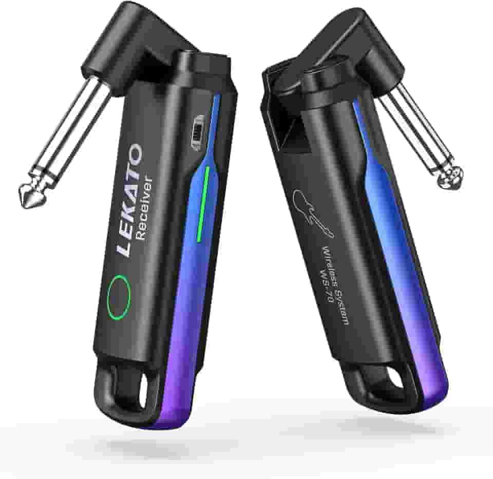 LEKATO Sistema de guitarra sem fio UHF sem fio transmissor receptor de áudio recarregável sem fio transmissor e receptor de guitarra com 70 canais sem fio para guitarra baixo instrumentos elétricos