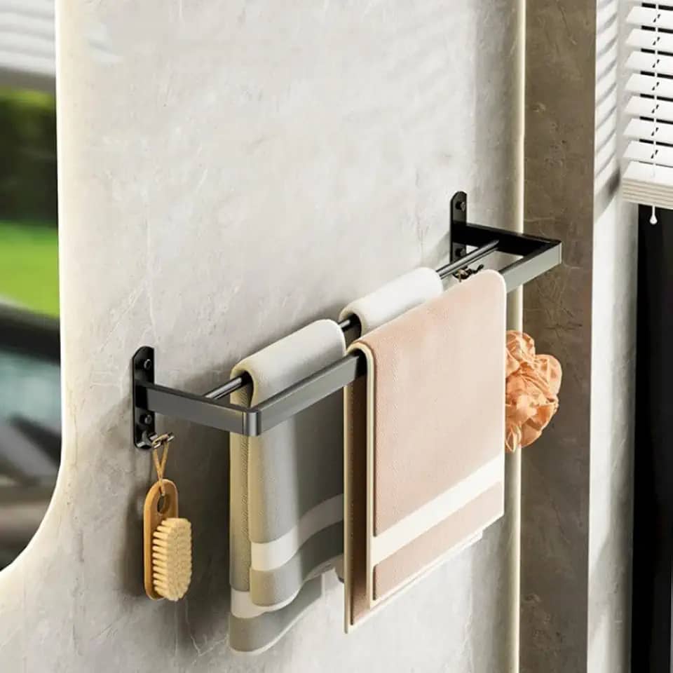 Toalheiro Duplo para Banheiro em Aço Carbono – Preto Fosco – Suporte Porta Toalha - Resistente, Moderno e Slim