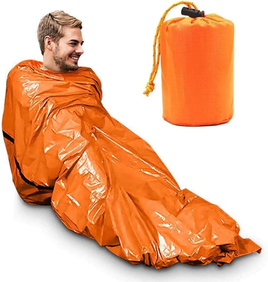 Saco de Dormir Térmico de Emergência Laranja – Compacto, Impermeável e Leve, Ideal para Camping, Trilha e Sobrevivência, com Isolamento Contra Frio, Vento e Umidade