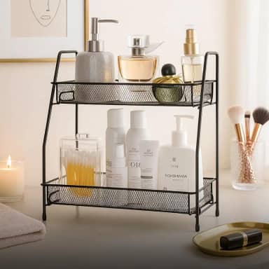Organizador de Cosméticos em Metal com 2 Andares, Prateleira para Banheiro, Design Vazado, Preto e Branco (Preto)