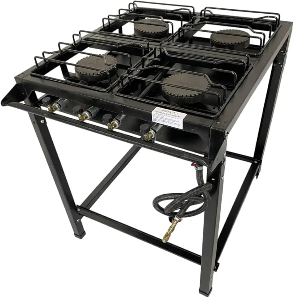Fogão Industrial 4 Bocas Alta Pressão Ferro Fundido Preto 70x80x80 cm com Mangueira e Registro