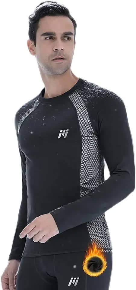 Camisa masculina de compressão térmica forrada com lã e manga comprida, camada de base atlética, roupa para clima frio, preta