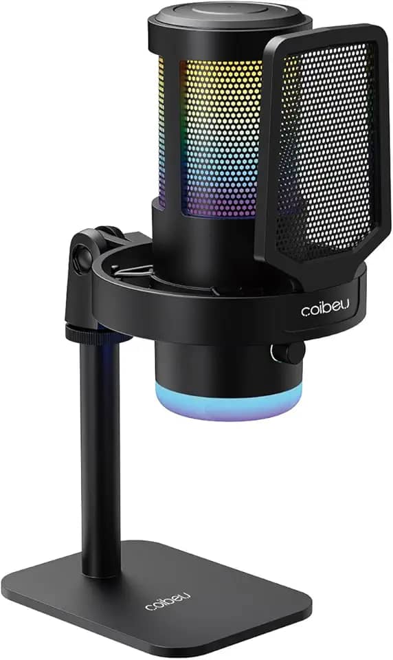 Microfone Condensador RGB, Microfone de Mesa, Microfone Gamer – Com Cancelamento de Ruído, Plug-and-Play, Controle de Volume e Eco, com Shock Mount e Pop Filter – Ideal para Gravação, Podcast