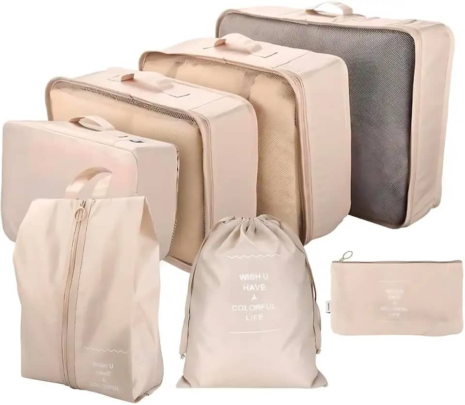 Kit Organizador de Malas para Viagem 7 Peças Conjunto Organizador Completo Bolsas Necessaire Sapatos Maquiagem Roupas Bagagem Organizada (Bege)