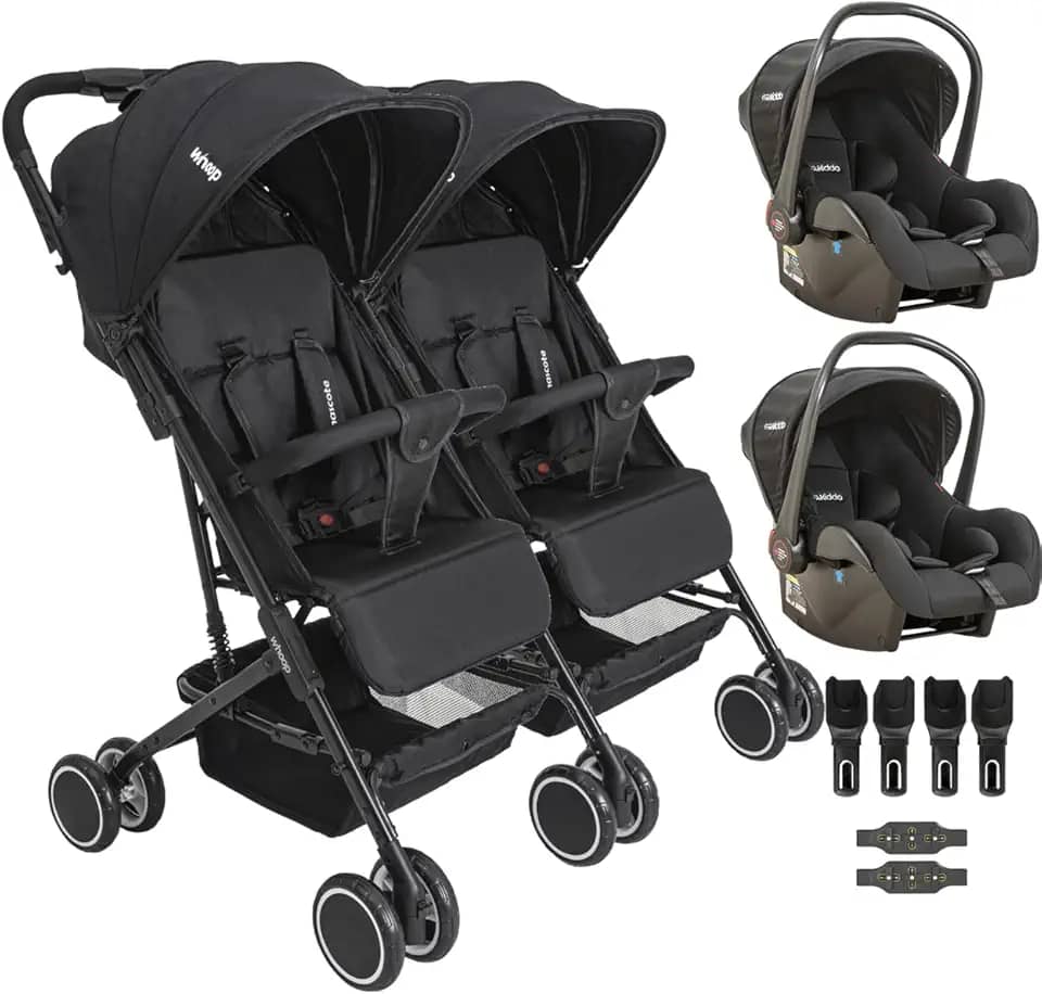 Carrinho Kiddo para Gemeos com 2 Bebe Conforto Mascote Preto