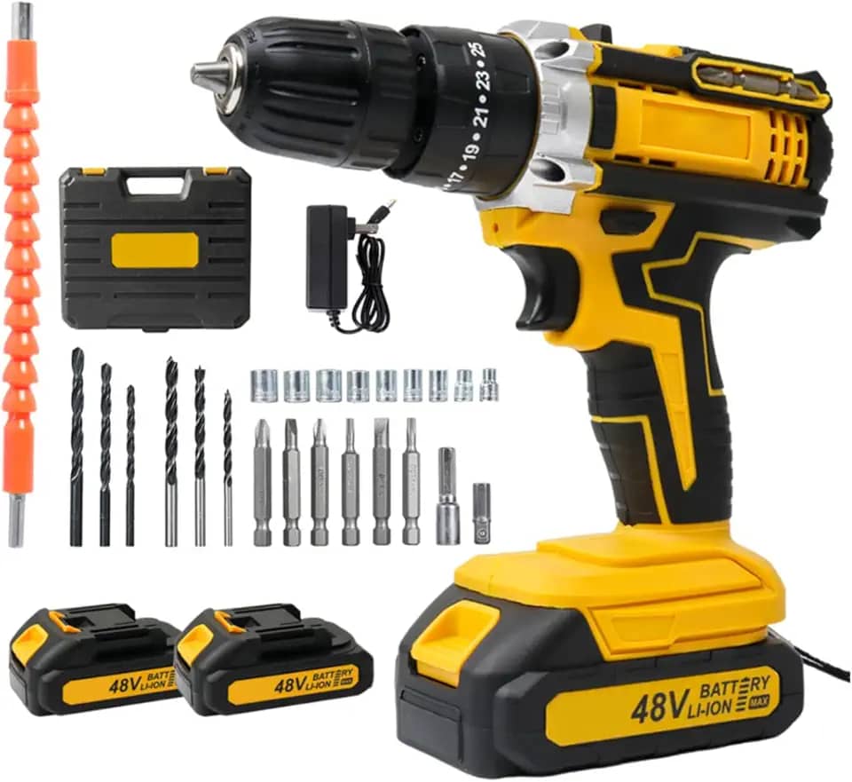 Parafusadeira e Furadeira à Bateria 48V com 2 Baterias e Carregador, 2 Velocidades Variáveis, Luzes LED, Kit de 28 Acessórios e Maleta, Conjunto Completo para Perfuração e Parafusamento