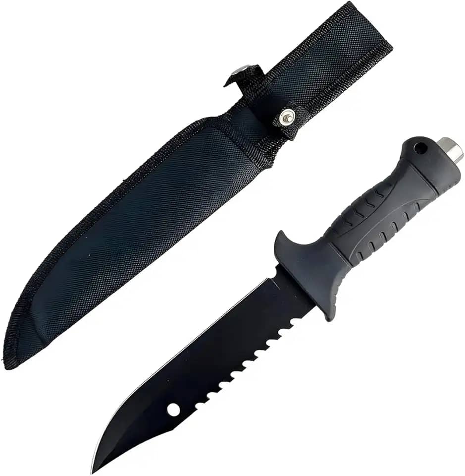 Faca de Sobrevivência com Bússola, 31cm Total, Lâmina 18cm em Aço Inox, Bainha Inclusa, Preta