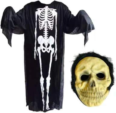 Fantasia de Esqueleto com Máscara de Caveira, Traje Completo para Halloween, Adulto E Infantil