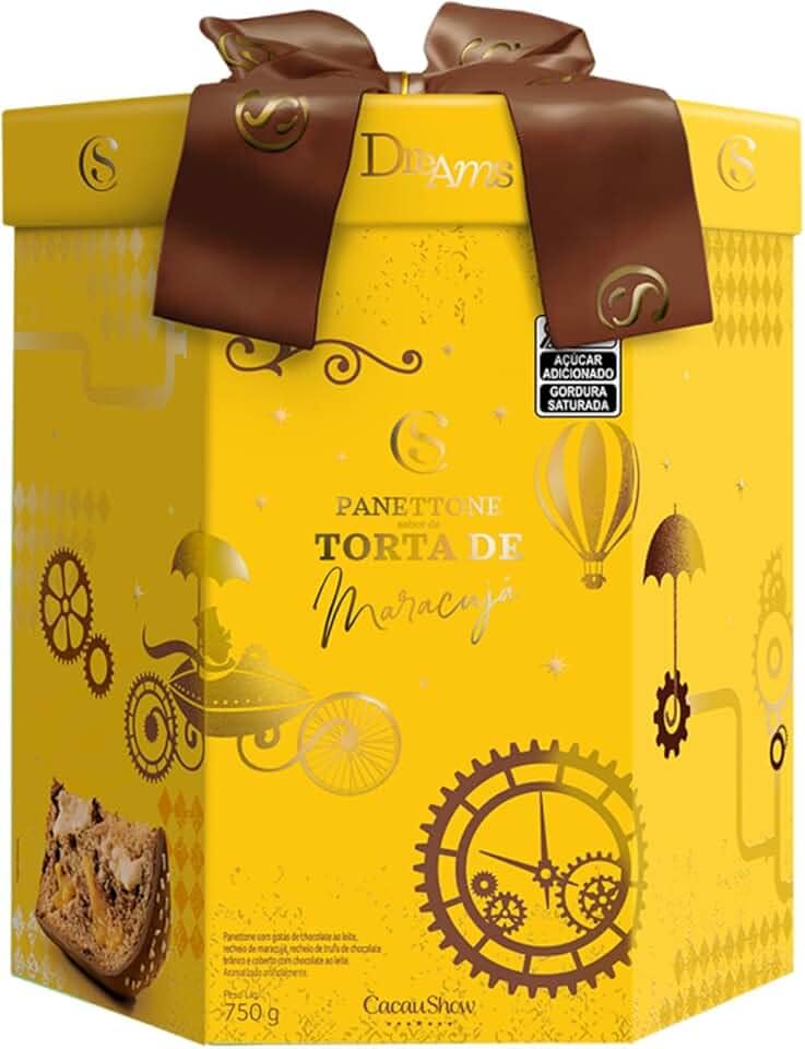 Panetone Dreams Torta de Maracujá Cacau Show Recheio Duplo Recheio de Trufa Branca e Maracujá e conta com gostas de chocolates 750g