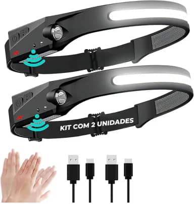 Kit 2 Lanternas de Cabeça Recarregavel LED 350 Lúmens, Para Bike, Camping, Mecanico, Sensor de Movimento.