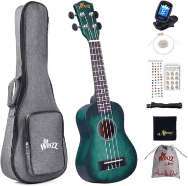 Winzz Kit para iniciantes ukulele soprano para crianças e adultos, conjunto de ukulele de 53 cm azul-verde com 8 acessórios, design de cor exclusivo
