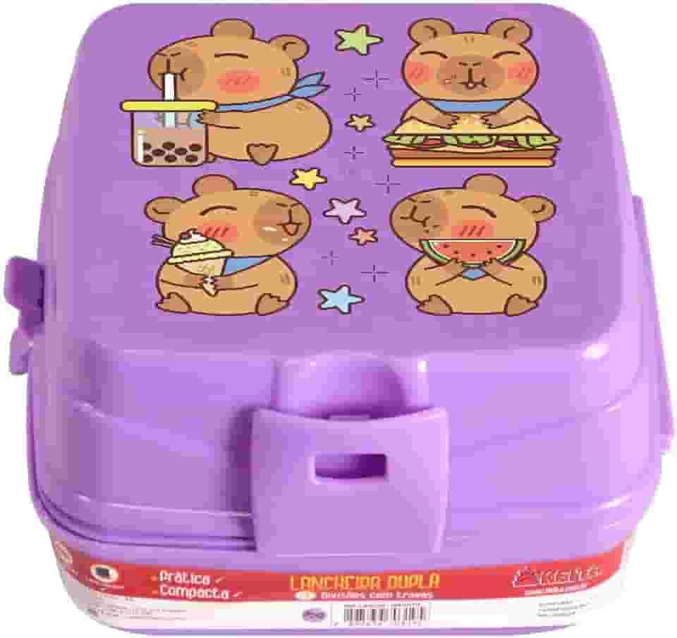 Lancheira Marmita Escolar Divertida Infantil Com 4 Divisórias Com 2 Compartimentos Cores E Desenhos (Lilás Capivara)
