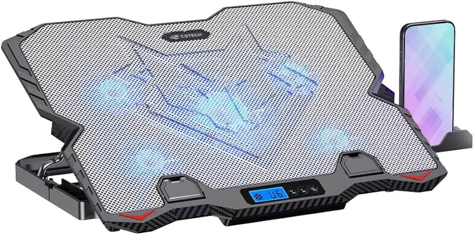C3Tech Base Refrigerada Gamer para Notebook, NBC-90SI 15,6' cinza, Ajustes de inclinacao em 5 niveis, painel LCD com controle de velocidade em 6 níveis, Led de iluminacao Azul, suporte para celular