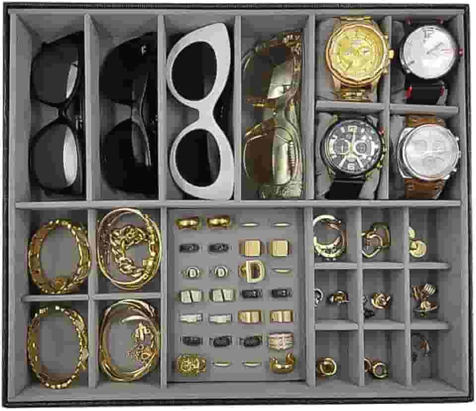 Bandeja Mista Óculos Relógios E Joias Closet Organiza Gaveta Acessórios Cinza