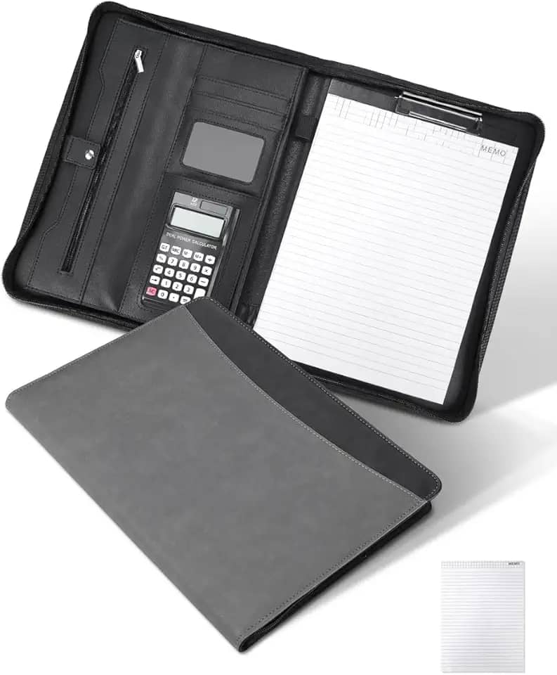 Pasta Executiva A4, Sofisticada, Cinza, 26x34 cm, Couro Sintético, 100 Folhas A4, Calculadora Solar de 12 Dígitos