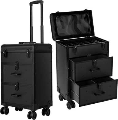 ALUROICE Estojo grande com rodinhas para maquiagem, estojo profissional de cosmetologia de viagem sobre rodas com gavetas, organizador de unhas de 3 camadas, estojo de armazenamento para tecnologia de