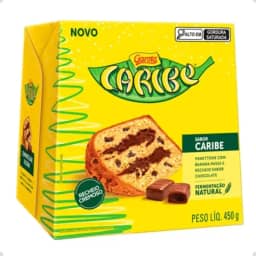 Panetone Caribe Garoto, Sabor Banana Passa e Chocolate, Fermentação Natural, 450g, Novidade Natal