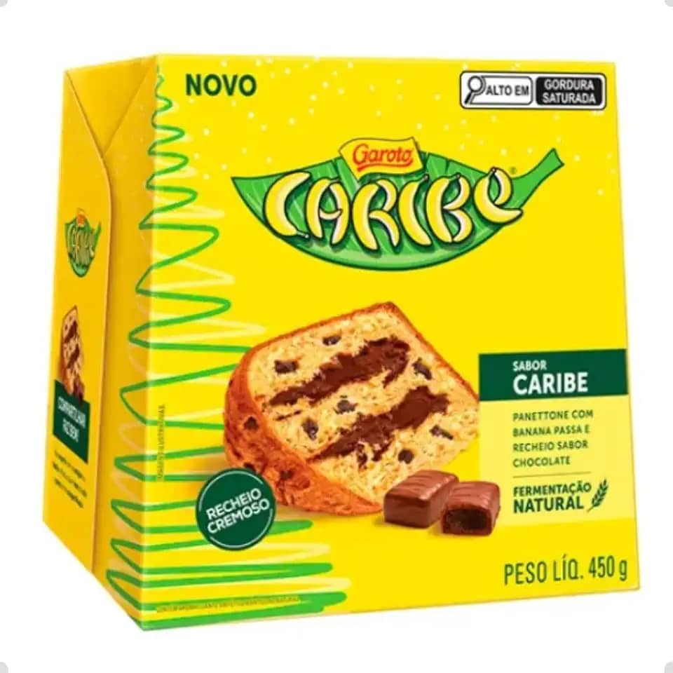 Panetone Caribe Garoto, Sabor Banana Passa e Chocolate, Fermentação Natural, 450g, Novidade Natal