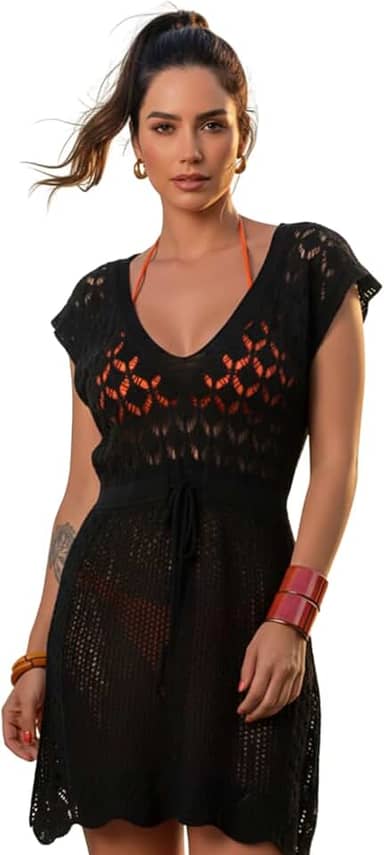 Saida de Praia Crochê Vestido Curta Tricot Rendado Cinturada Manga Curta Elegante Saida de Banho Piscina Canga Verão