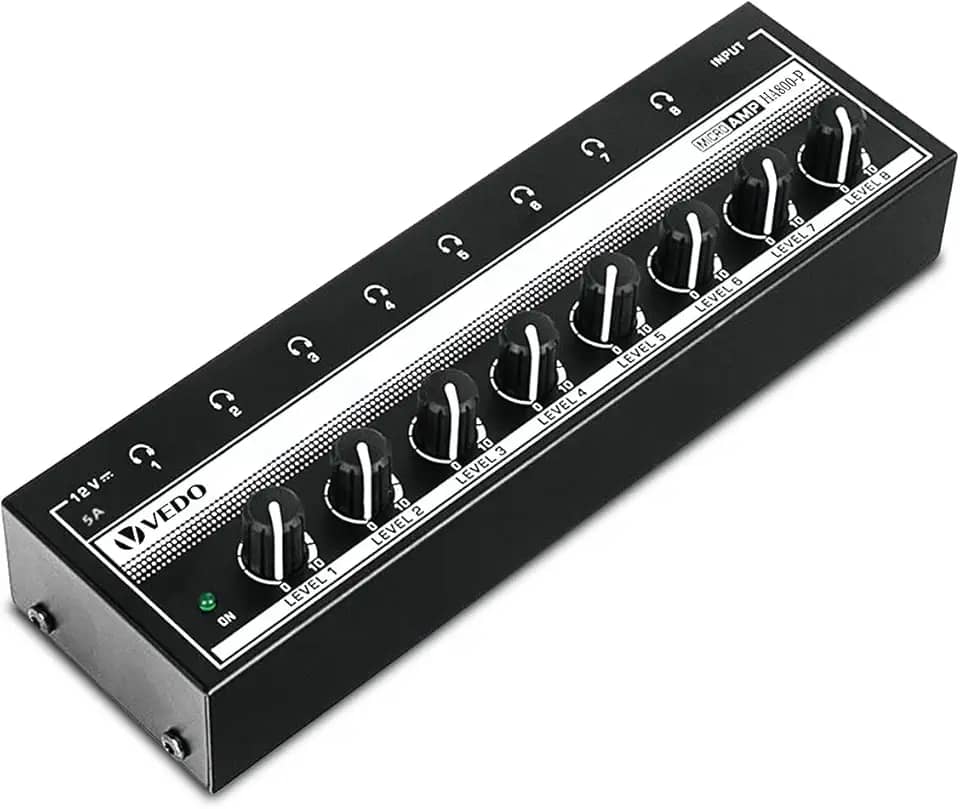 VEDO Amplificador de fone de ouvido, amplificador de áudio estéreo de 8 canais, divisor de fone de ouvido multiportas, mixer para estúdios de gravação e bandas, com 8 portas de saída e 1 porta de