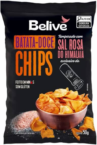 Chips de Batata-Doce Sem Glúten Belive temperados com Sal Rosa do Himalaia 50g