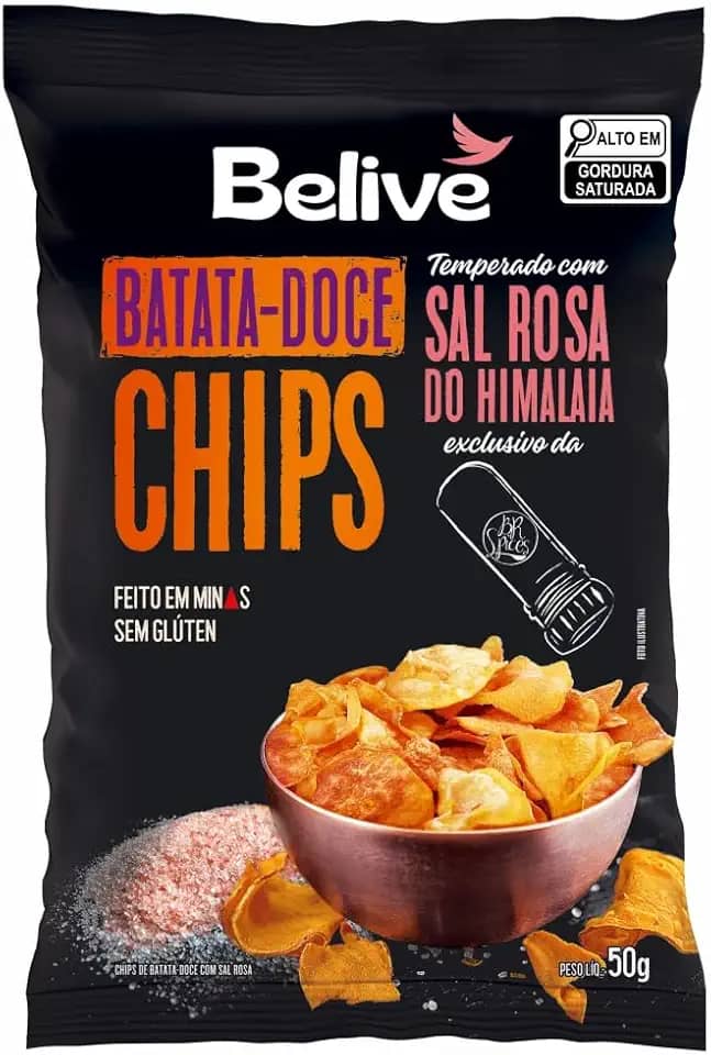 Chips de Batata-Doce Sem Glúten Belive temperados com Sal Rosa do Himalaia 50g