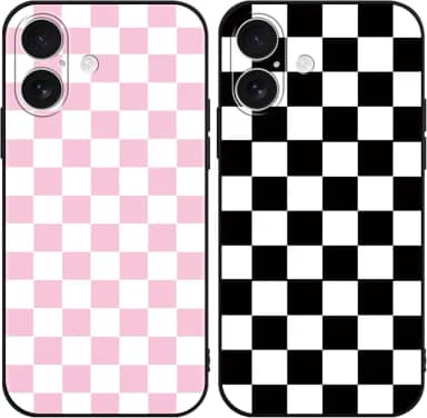 Pacote com 2 capas de telefone xadrez fofas para IP 17 de 6,3 polegadas, capa protetora de silicone macia e fina à prova de choque para meninas e mulheres, preto/rosa