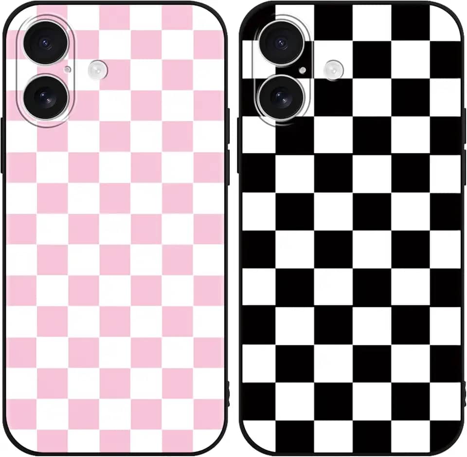 Pacote com 2 capas de telefone xadrez fofas para IP 17 de 6,3 polegadas, capa protetora de silicone macia e fina à prova de choque para meninas e mulheres, preto/rosa