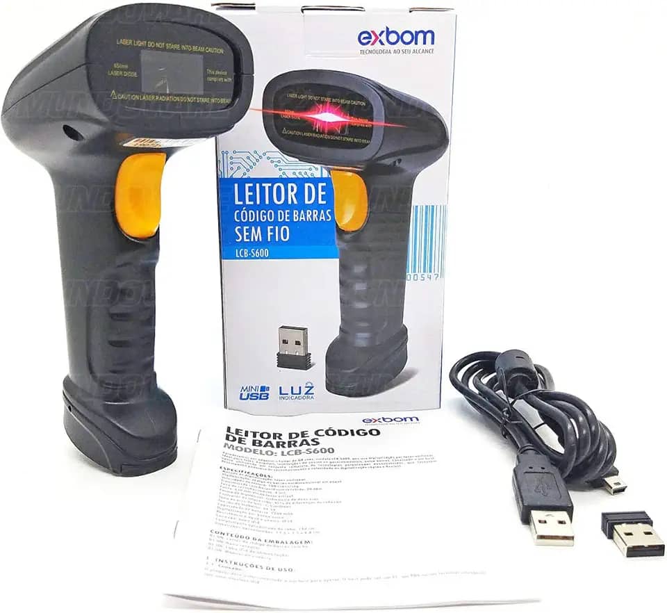 Leitor de Código de Barras Sem Fio Wireless 2.4Ghz com Bateria 1200mAh de Longa Duração Proteção IP54 Resistente à Poeira e Água LCB-S600 Preto