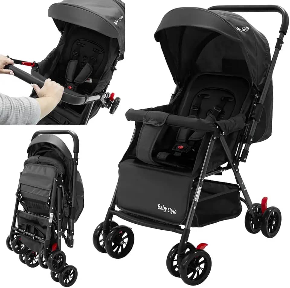 Carrinho de Bebê Reversível Passeio Runner até 15kg com Capota Retratil Reclinável Bandeja Cesto 4 Rodas Travas Cinto 5 Pontos e INMETRO (Preto)