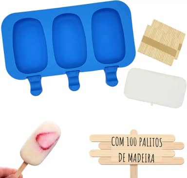 Formas Sorvete Picole Caseiro Silicone Com 3 Cavidades Tampa 100 palitos (Picolé)